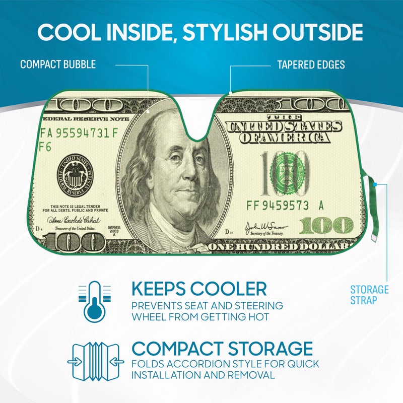 BDK Hundred Dollar Bill Benjamin Franklin Front Windshield Sun Shade - Accordion Folding Auto Sunshade for Car Truck SUV - Blocks UV Rays Sun Visor Protector - Keeps Your Vehicle Cool - 58 x 27 Inch - Image 2